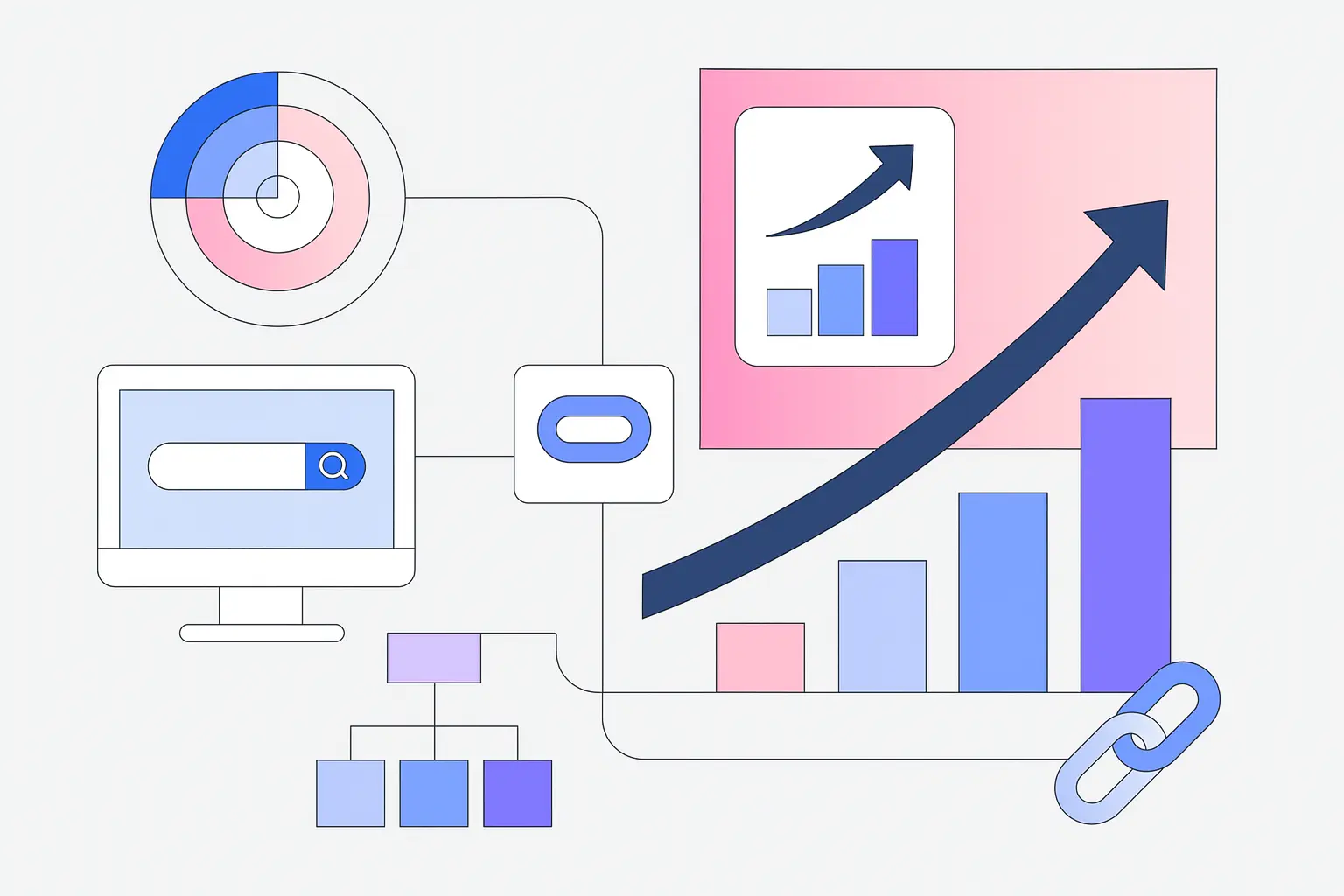 Ilustracija koja prikazuje elemente SEO optimizacije poput grafikona, pretrage i linkova